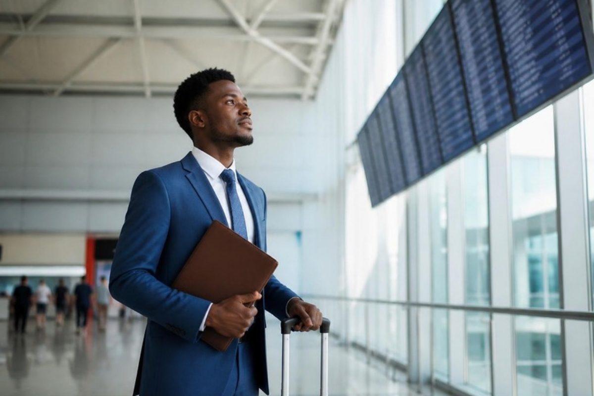 Un jeune professionnel, valise à la main, dans un hall d’aéroport