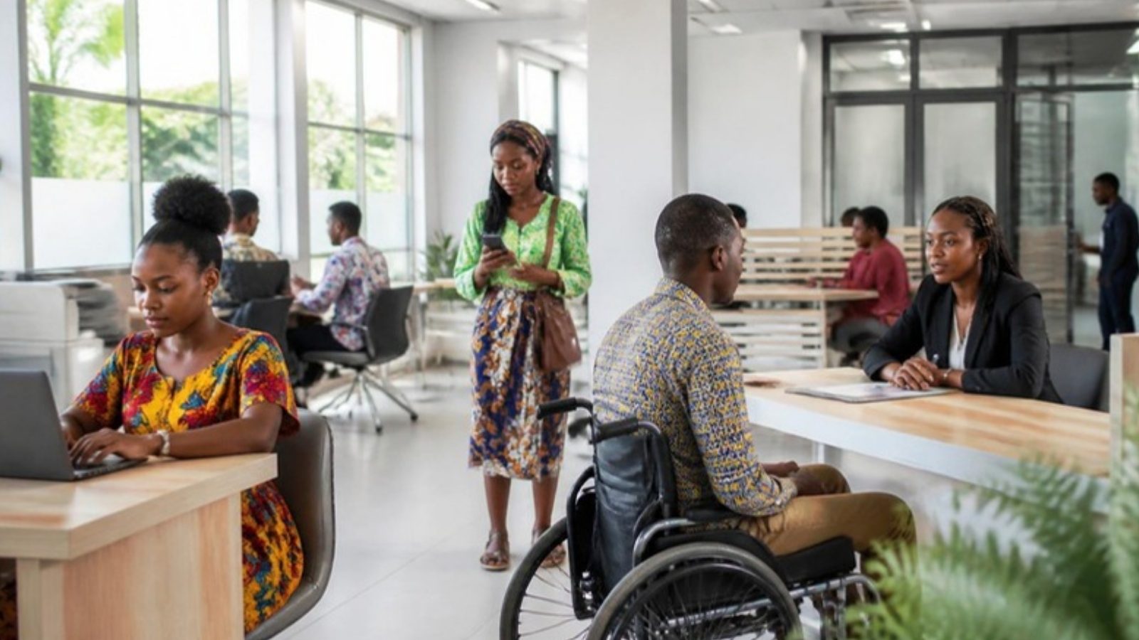 Des usagers, dont une personne en fauteuil roulant, accueillis dans une agence moderne de l’ANPE