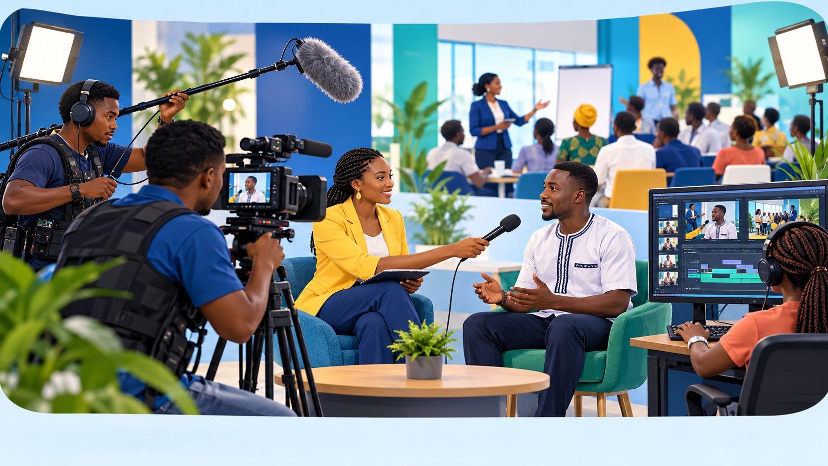 Équipe vidéo réalisant et montant des reportages sur l’emploi et la formation
